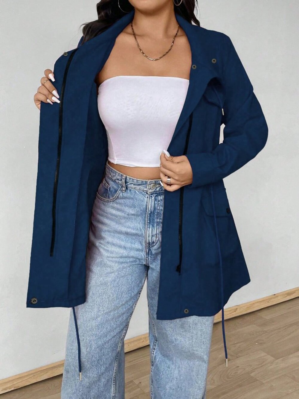 Navy Blue Casual Women's Plus Size Hooded Cinched Waist Long Sleeve Jacket - Picture 6 of 6